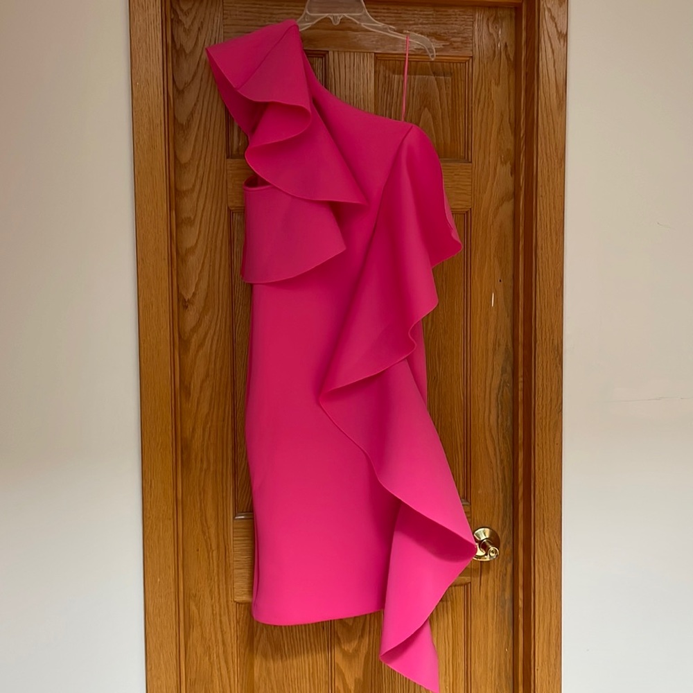Lavish Alice scuba midi ruffle one shoulder dress.